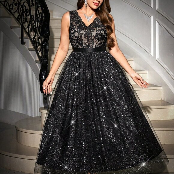 Dresses & Skirts - Black Romantic Sequined Plus Size A-Line Women's Party Dress